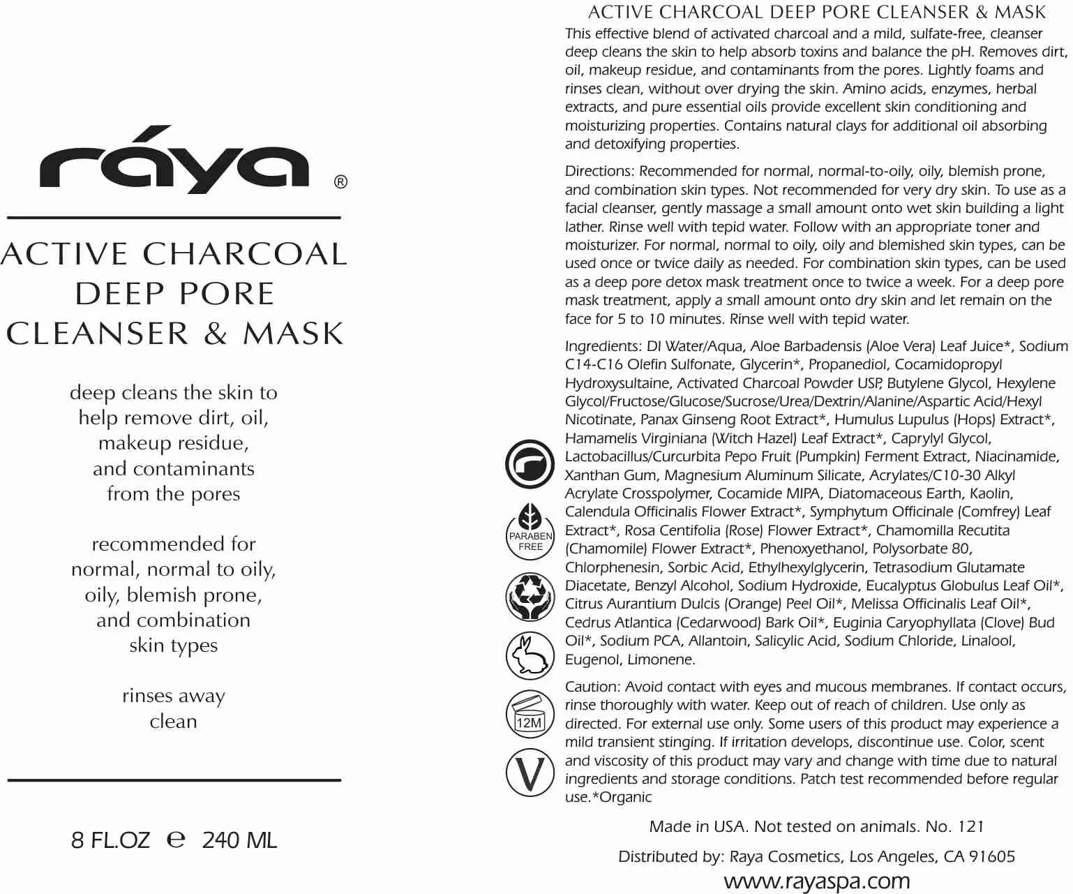 ACTIVE CHARCOAL DEEP PORE CLEANSER & MASK (121) RAYA SPA