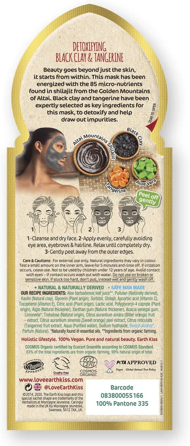 Earth Kiss Inspirations Detoxifying Organic Clay Peel Off Mask (10ml) with Shilajit, Black Clay and Tangerine to Detoxify Your Skin