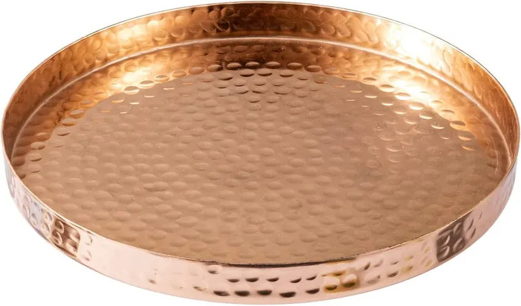 Hammered Copper Round Tray, Aluminum Plated Serving Display Platter and Vanity Tray