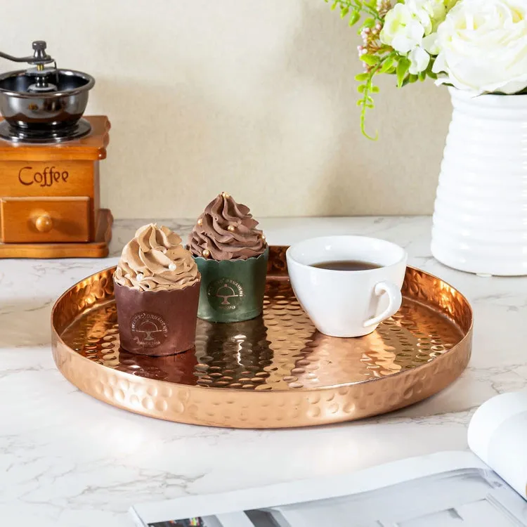 Hammered Copper Round Tray, Aluminum Plated Serving Display Platter and Vanity Tray